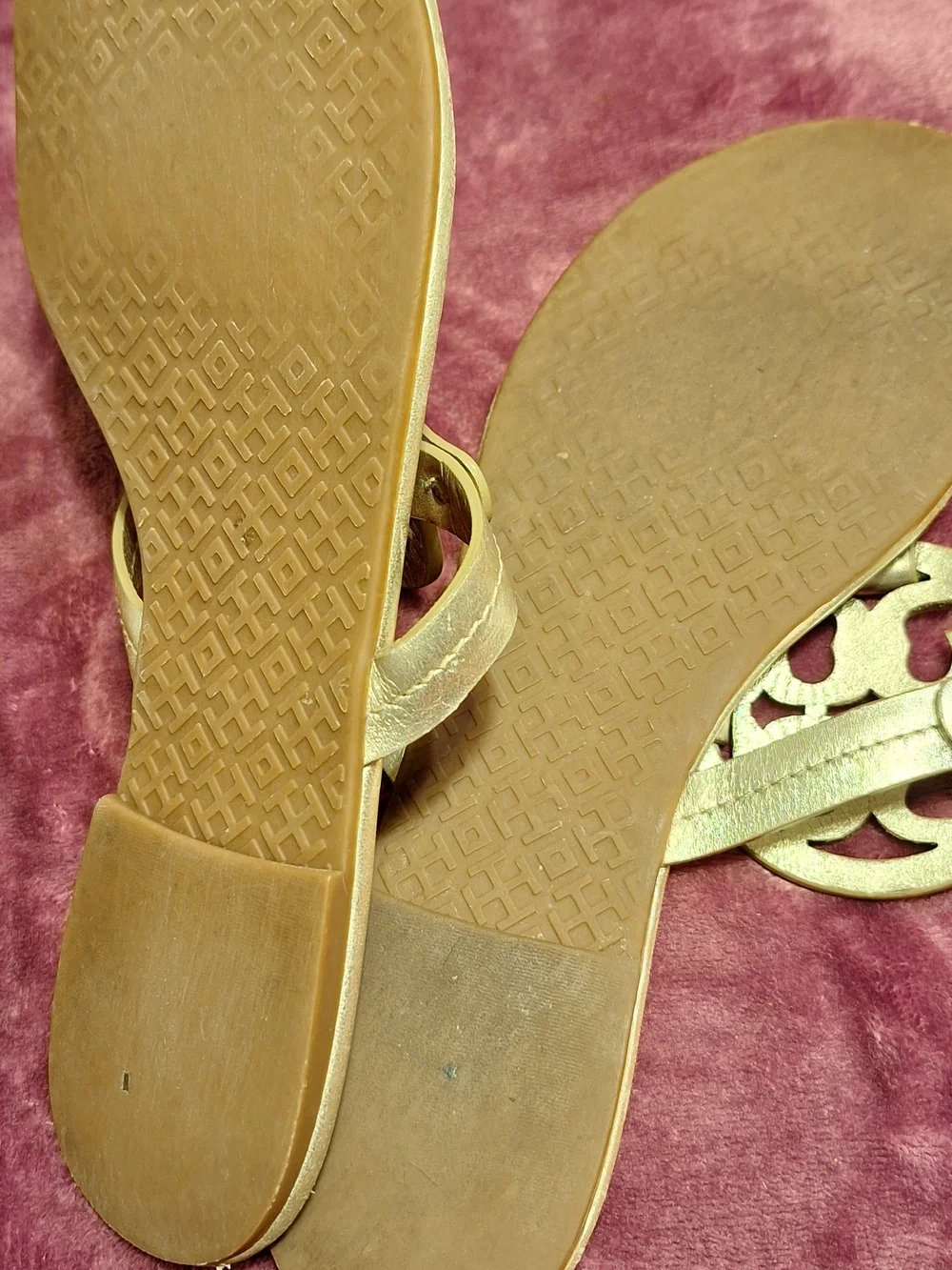 Tory Burch Metallic Gold Leather Logo Thong Sandals